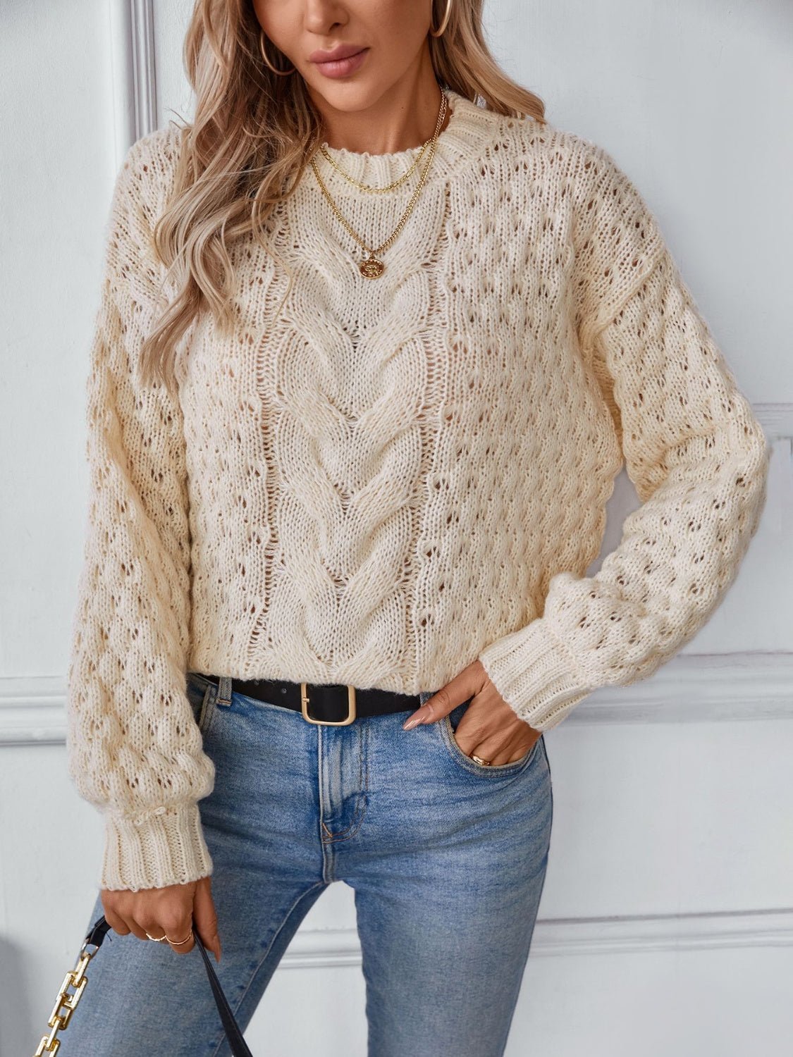 Cable - Knit Round Neck Long Sleeve Sweater - Bitsy Gypsy Boutique