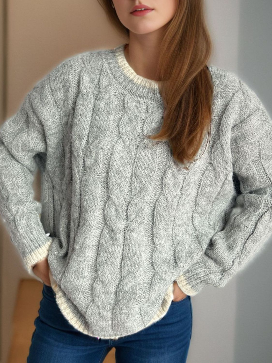 Cable Knit Round Neck Long Sleeve Sweater - Bitsy Gypsy Boutique