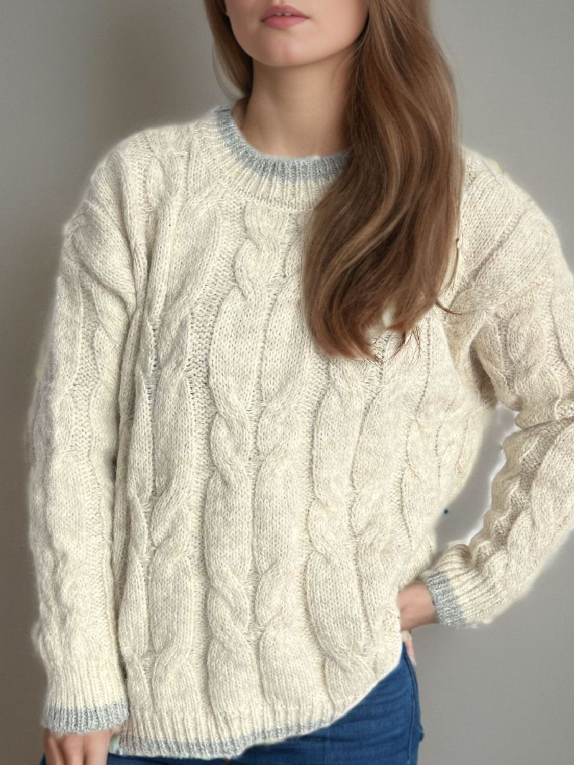 Cable Knit Round Neck Long Sleeve Sweater - Bitsy Gypsy Boutique