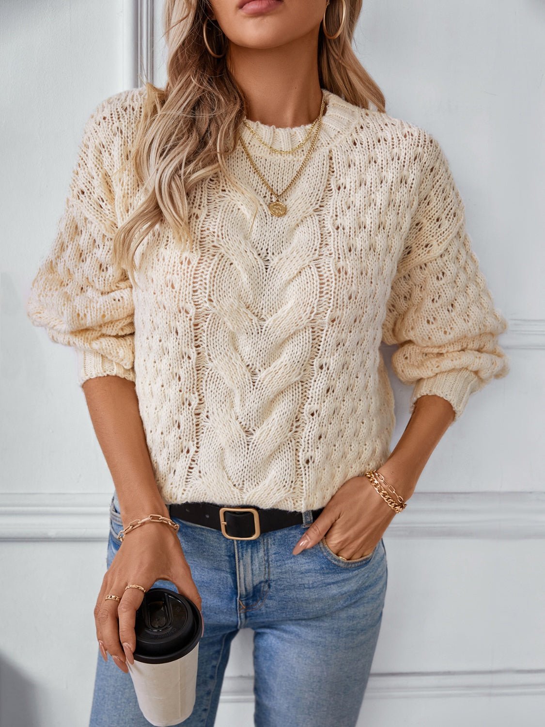 Cable - Knit Round Neck Long Sleeve Sweater - Bitsy Gypsy Boutique