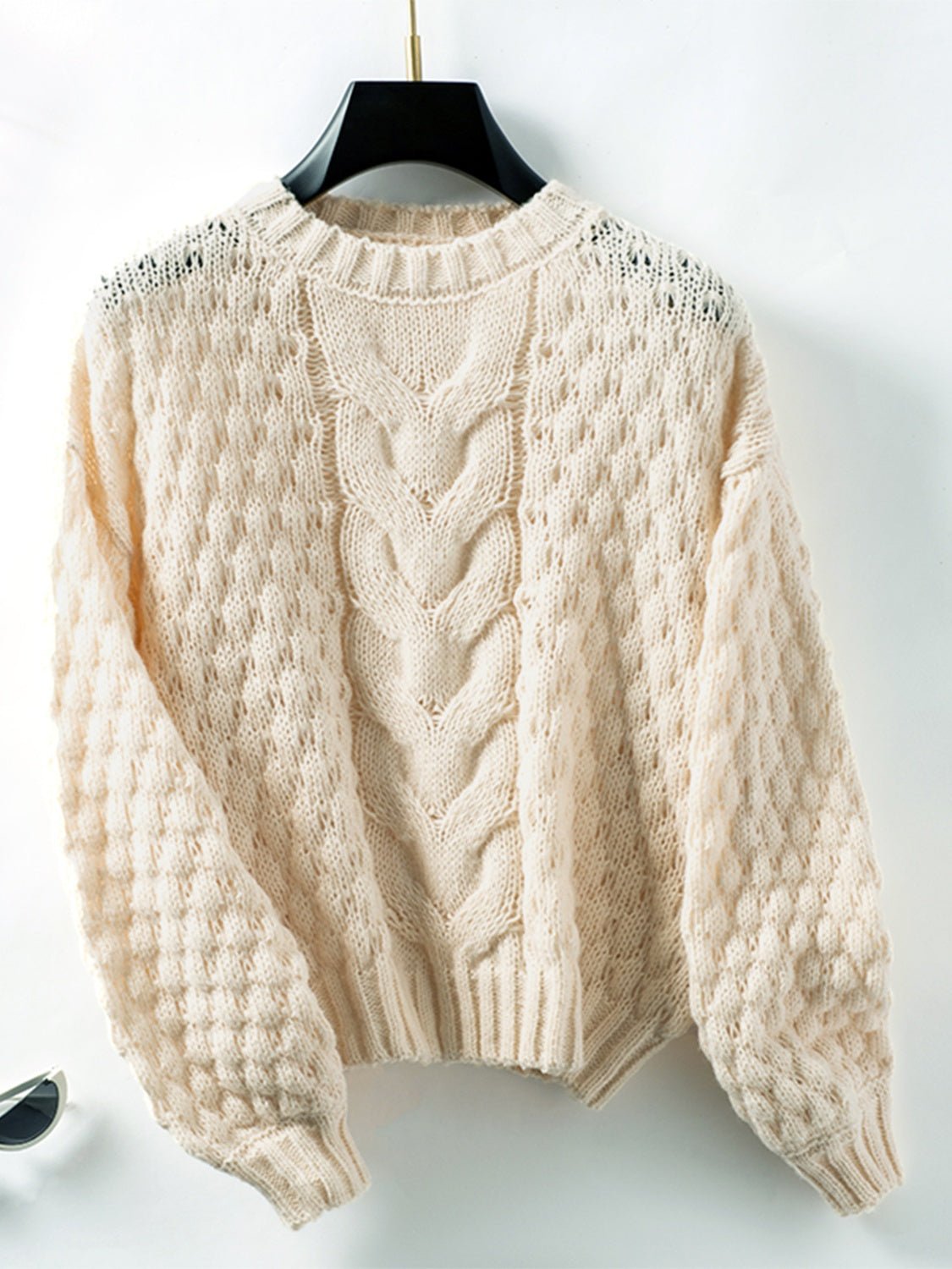 Cable - Knit Round Neck Long Sleeve Sweater - Bitsy Gypsy Boutique