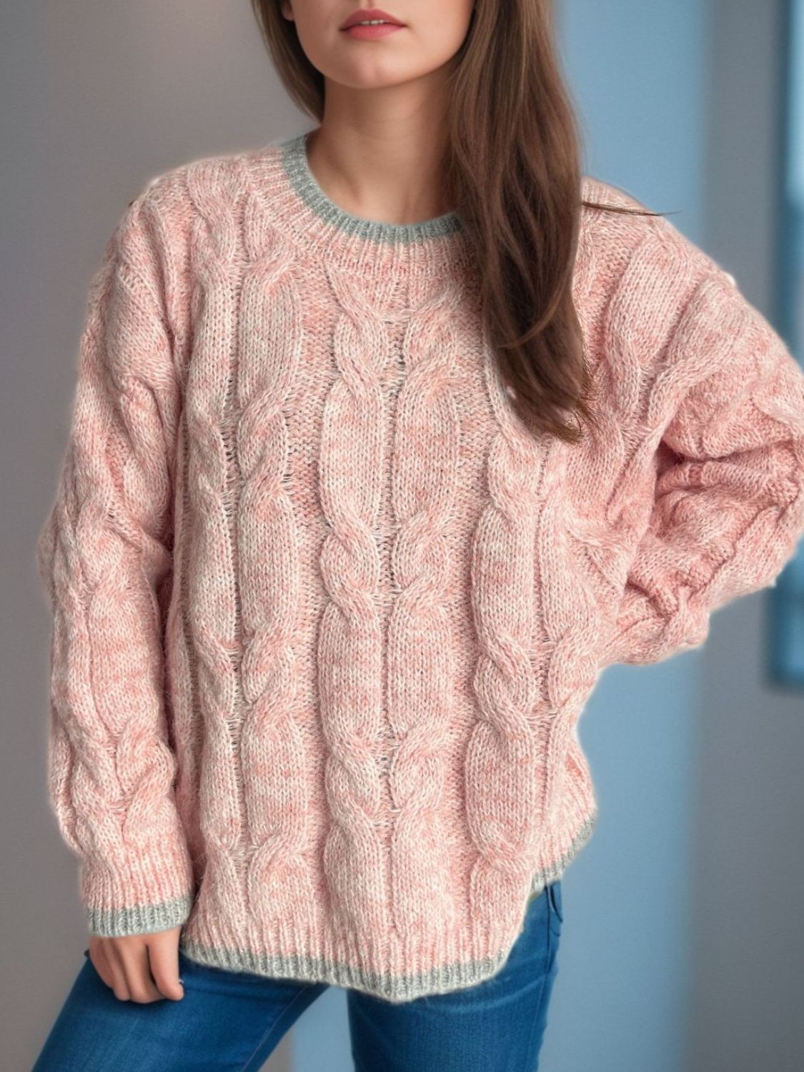 Cable Knit Round Neck Long Sleeve Sweater - Bitsy Gypsy Boutique