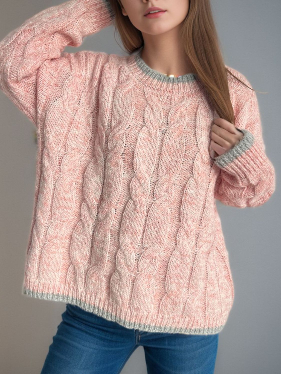 Cable Knit Round Neck Long Sleeve Sweater - Bitsy Gypsy Boutique