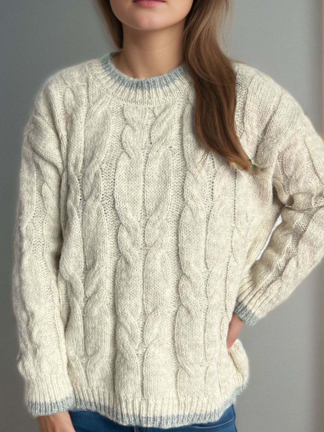 Cable Knit Round Neck Long Sleeve Sweater - Bitsy Gypsy Boutique