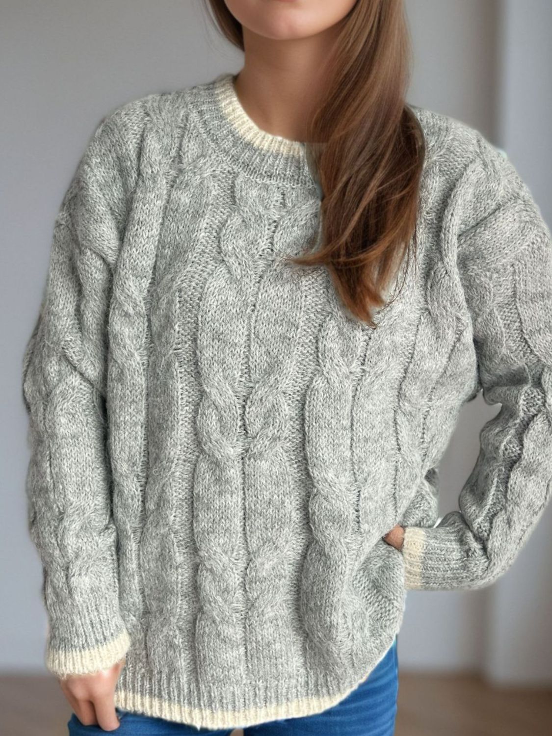 Cable Knit Round Neck Long Sleeve Sweater - Bitsy Gypsy Boutique