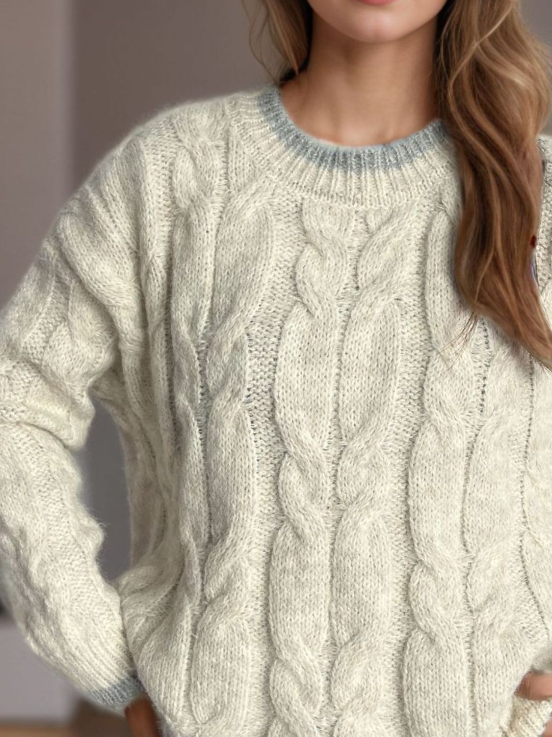 Cable Knit Round Neck Long Sleeve Sweater - Bitsy Gypsy Boutique