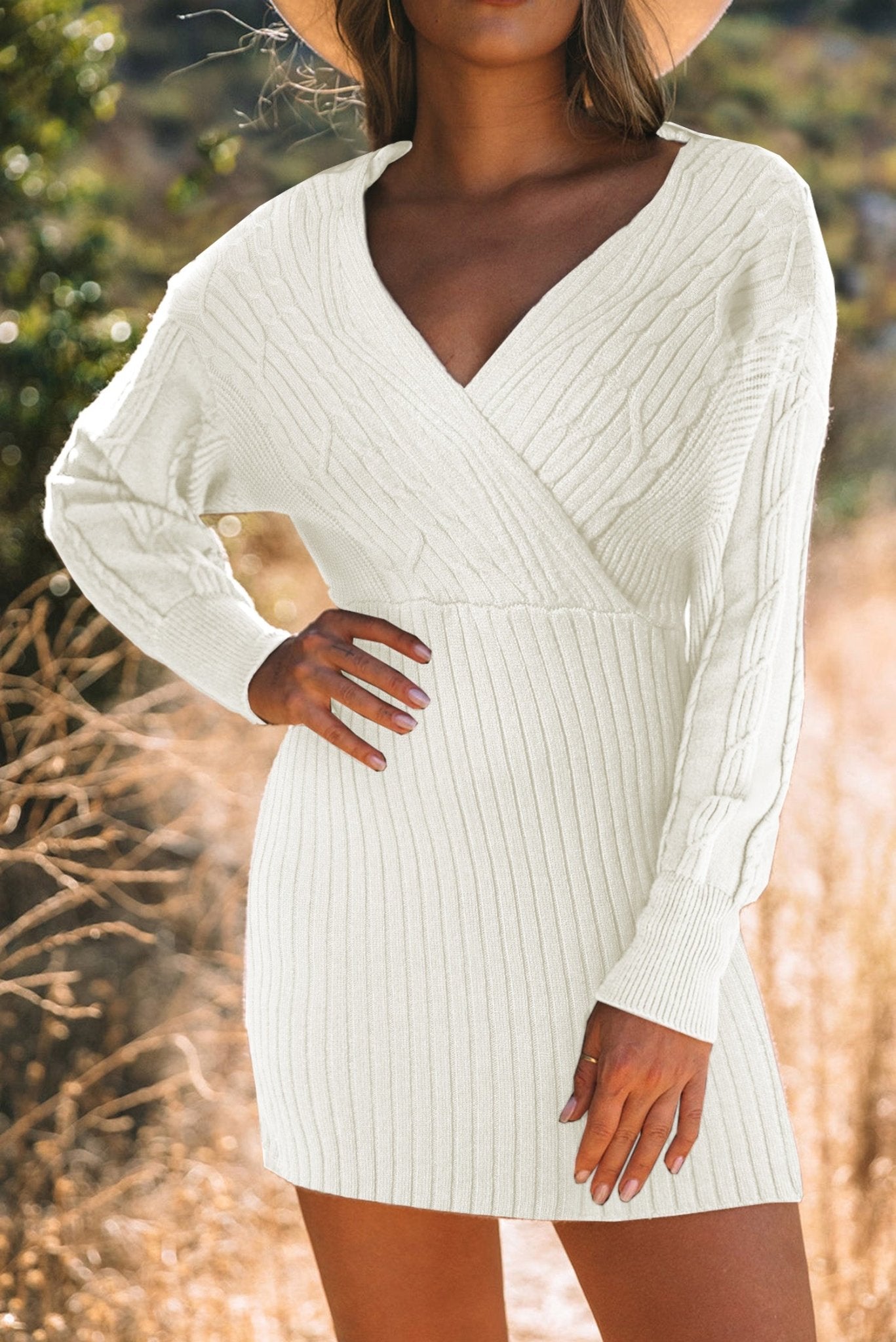 Cable - Knit Surplice Lantern Sleeve Sweater Dress - Bitsy Gypsy Boutique