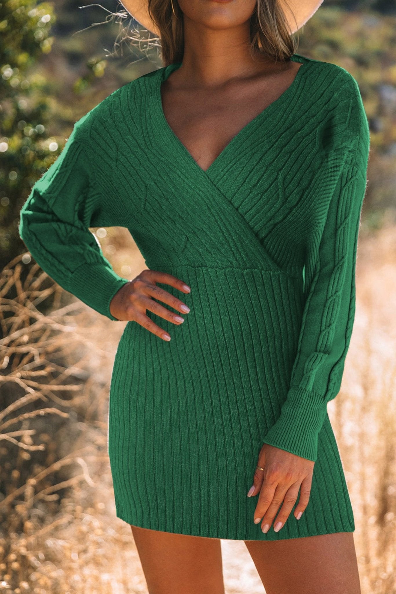 Cable - Knit Surplice Lantern Sleeve Sweater Dress - Bitsy Gypsy Boutique