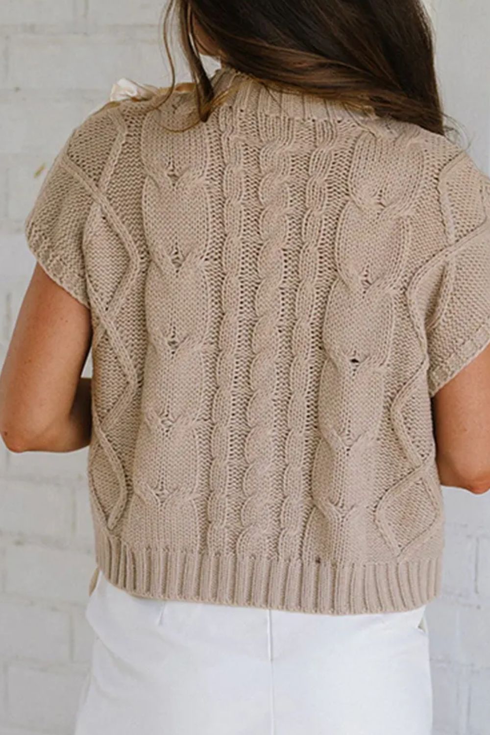 Cable - Knit Tied Mock Neck Short Sleeve Sweater - Bitsy Gypsy Boutique