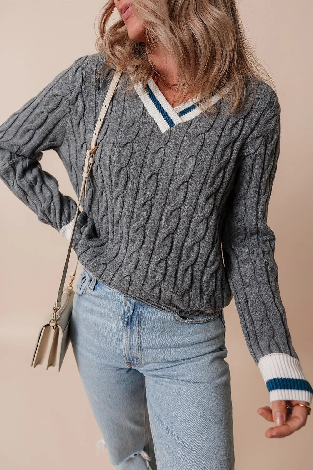 Cable - Knit V - Neck Long Sleeve Sweater - Bitsy Gypsy Boutique