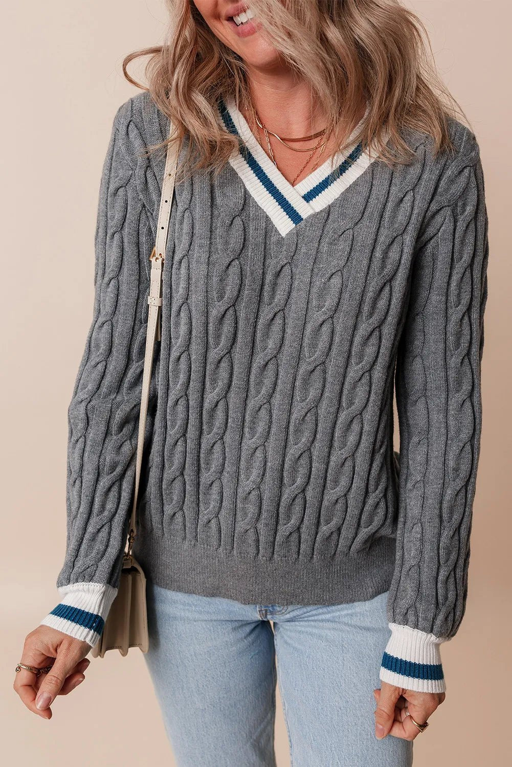 Cable - Knit V - Neck Long Sleeve Sweater - Bitsy Gypsy Boutique