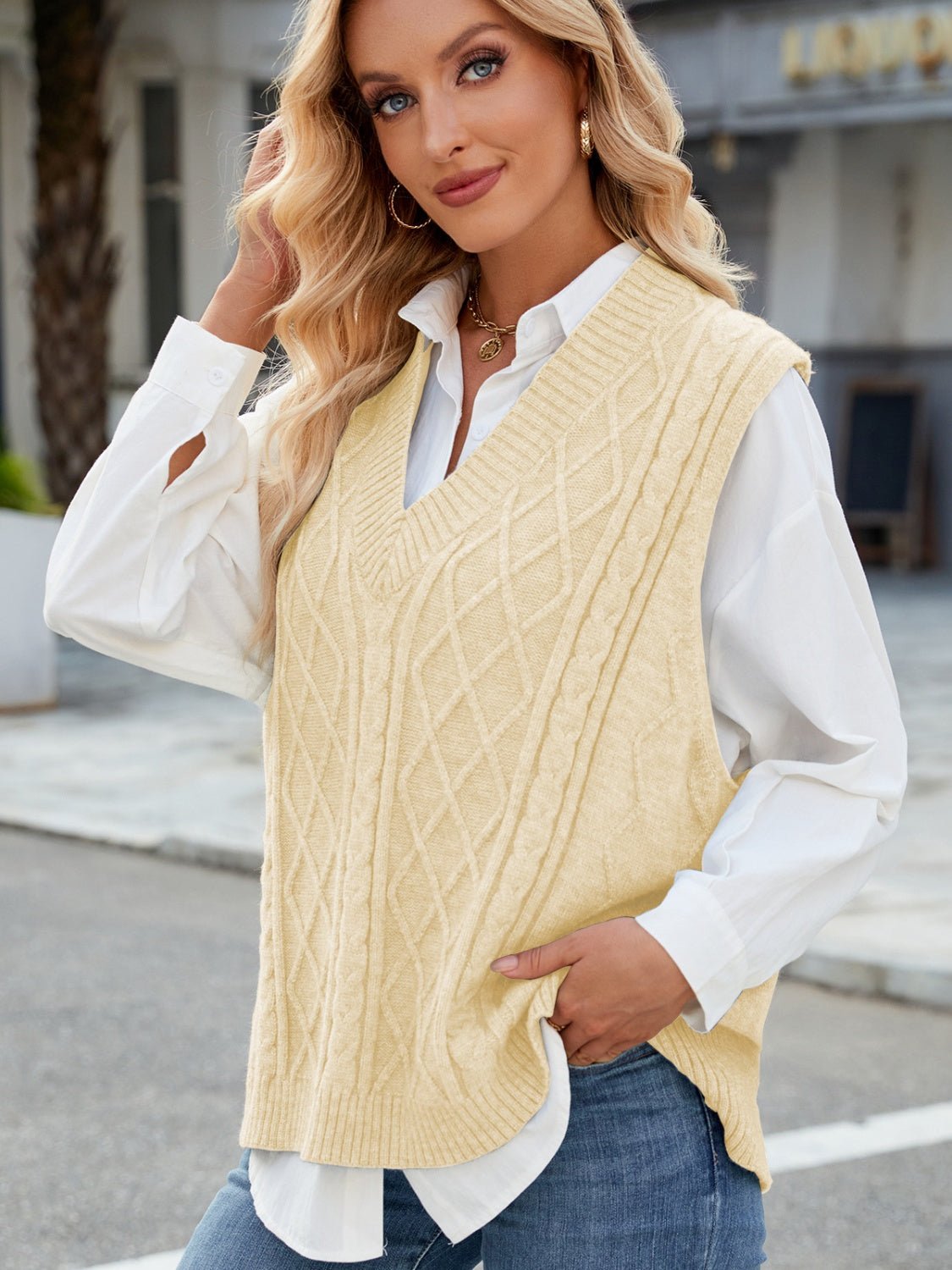 Cable Knit V - Neck Sweater Vest - Bitsy Gypsy Boutique