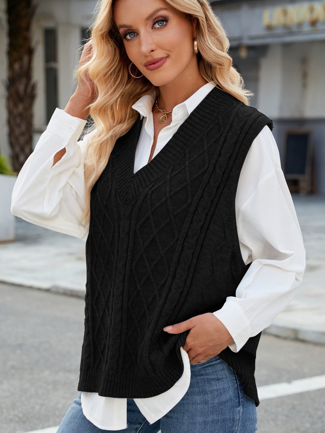 Cable Knit V - Neck Sweater Vest - Bitsy Gypsy Boutique