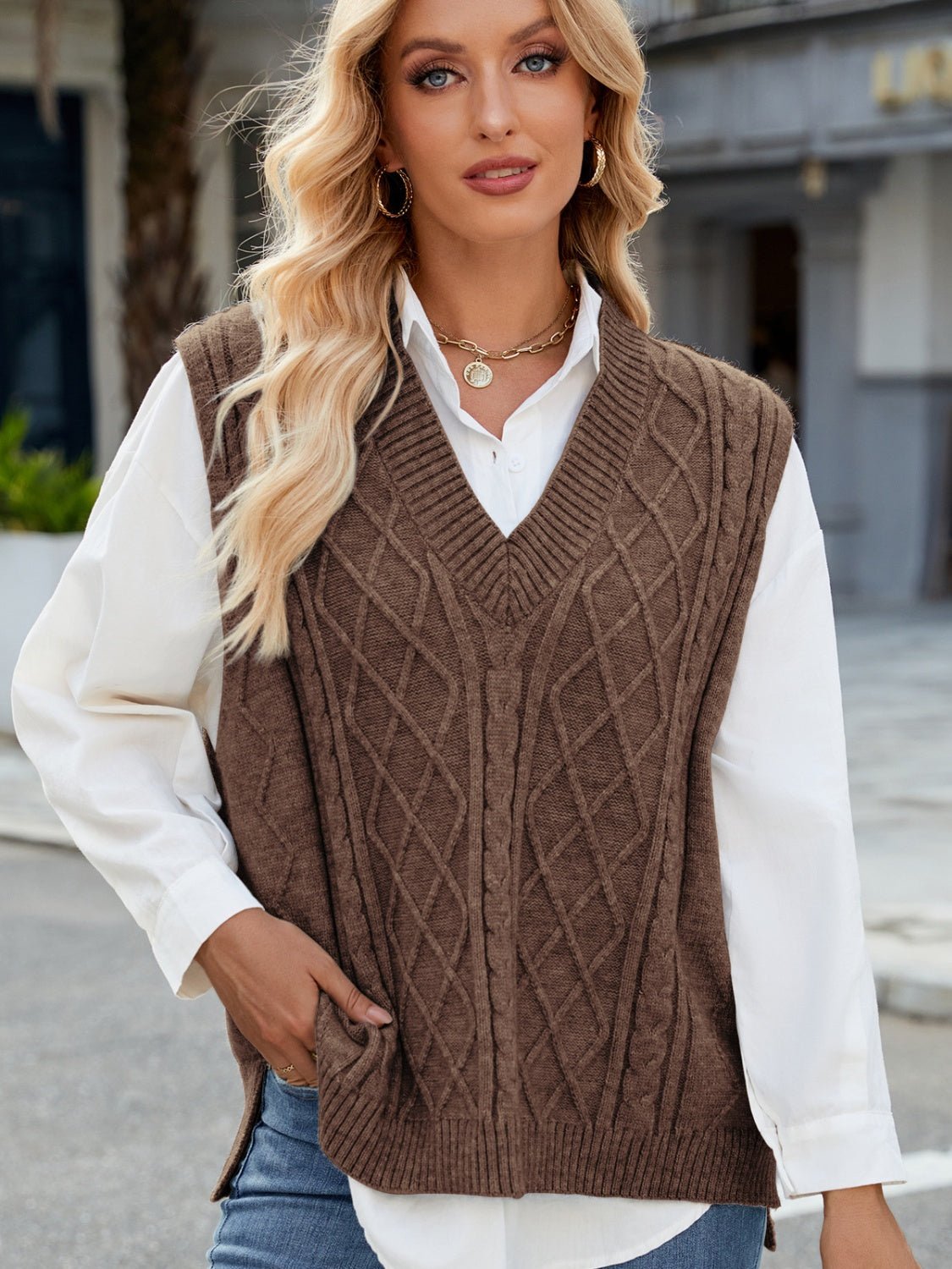 Cable Knit V - Neck Sweater Vest - Bitsy Gypsy Boutique