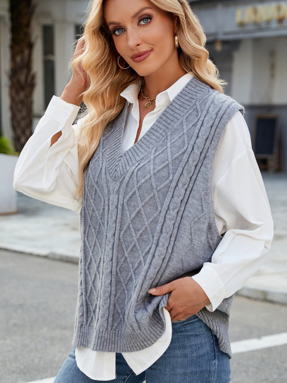 Cable Knit V - Neck Sweater Vest - Bitsy Gypsy Boutique