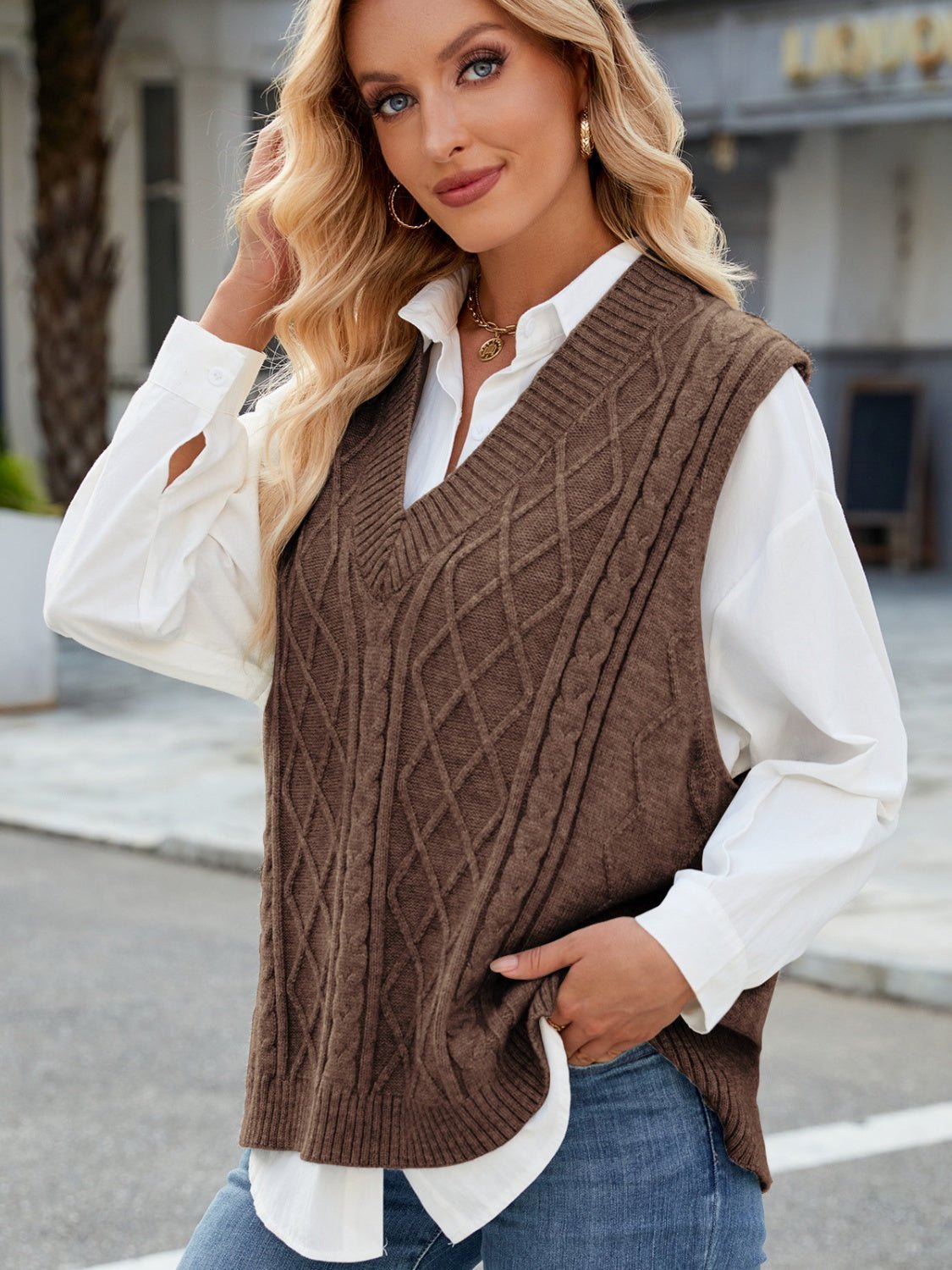 Cable Knit V - Neck Sweater Vest - Bitsy Gypsy Boutique