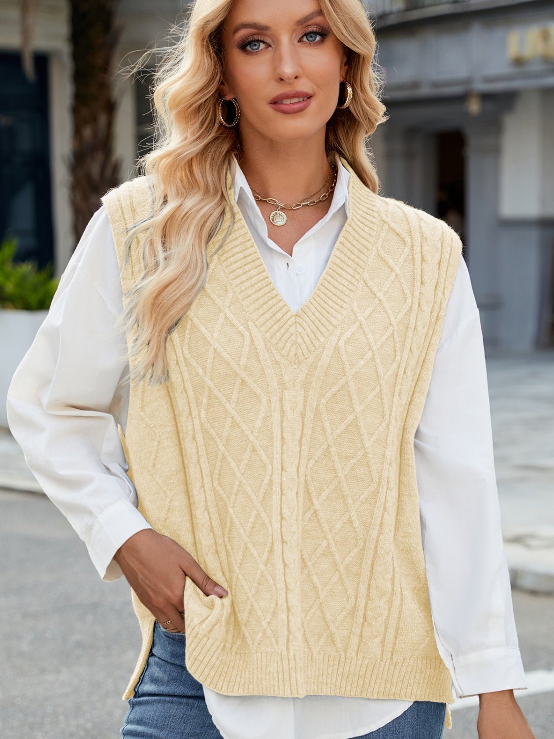 Cable Knit V - Neck Sweater Vest - Bitsy Gypsy Boutique