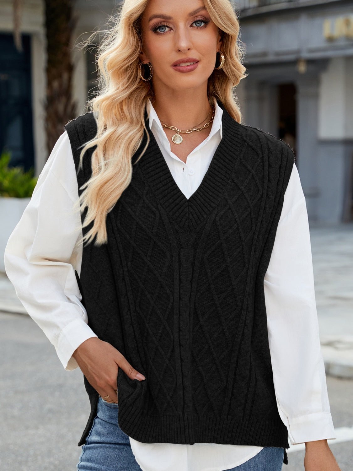 Cable Knit V - Neck Sweater Vest - Bitsy Gypsy Boutique