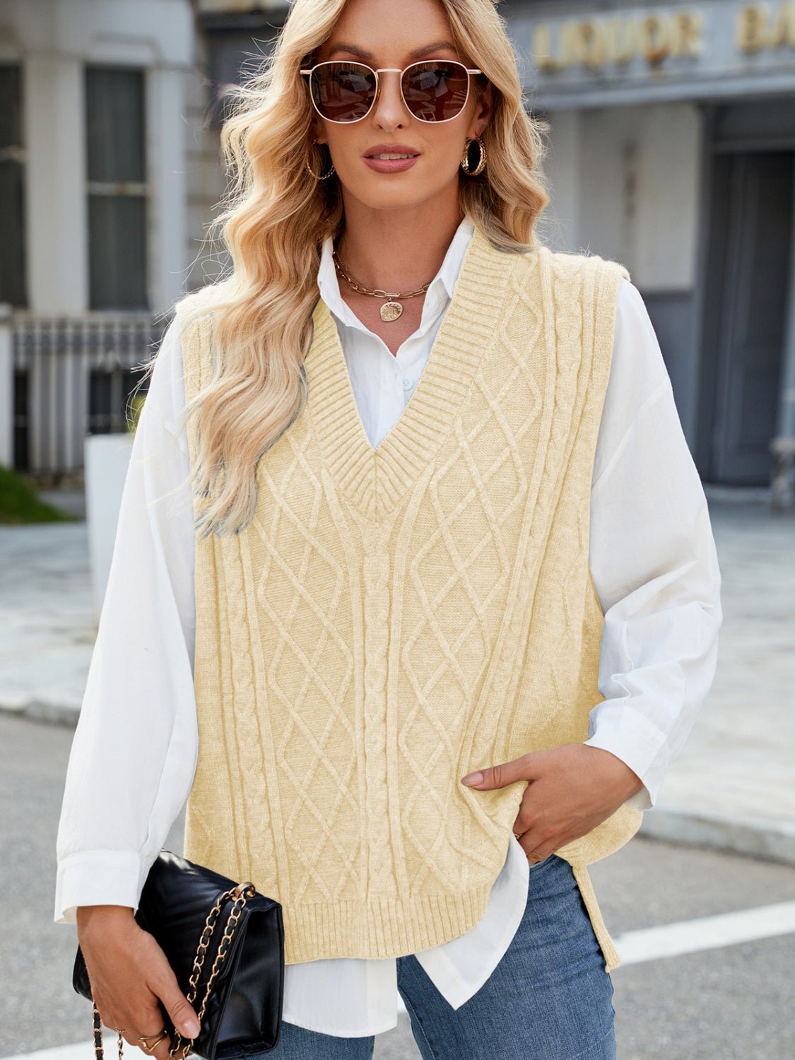 Cable Knit V - Neck Sweater Vest - Bitsy Gypsy Boutique