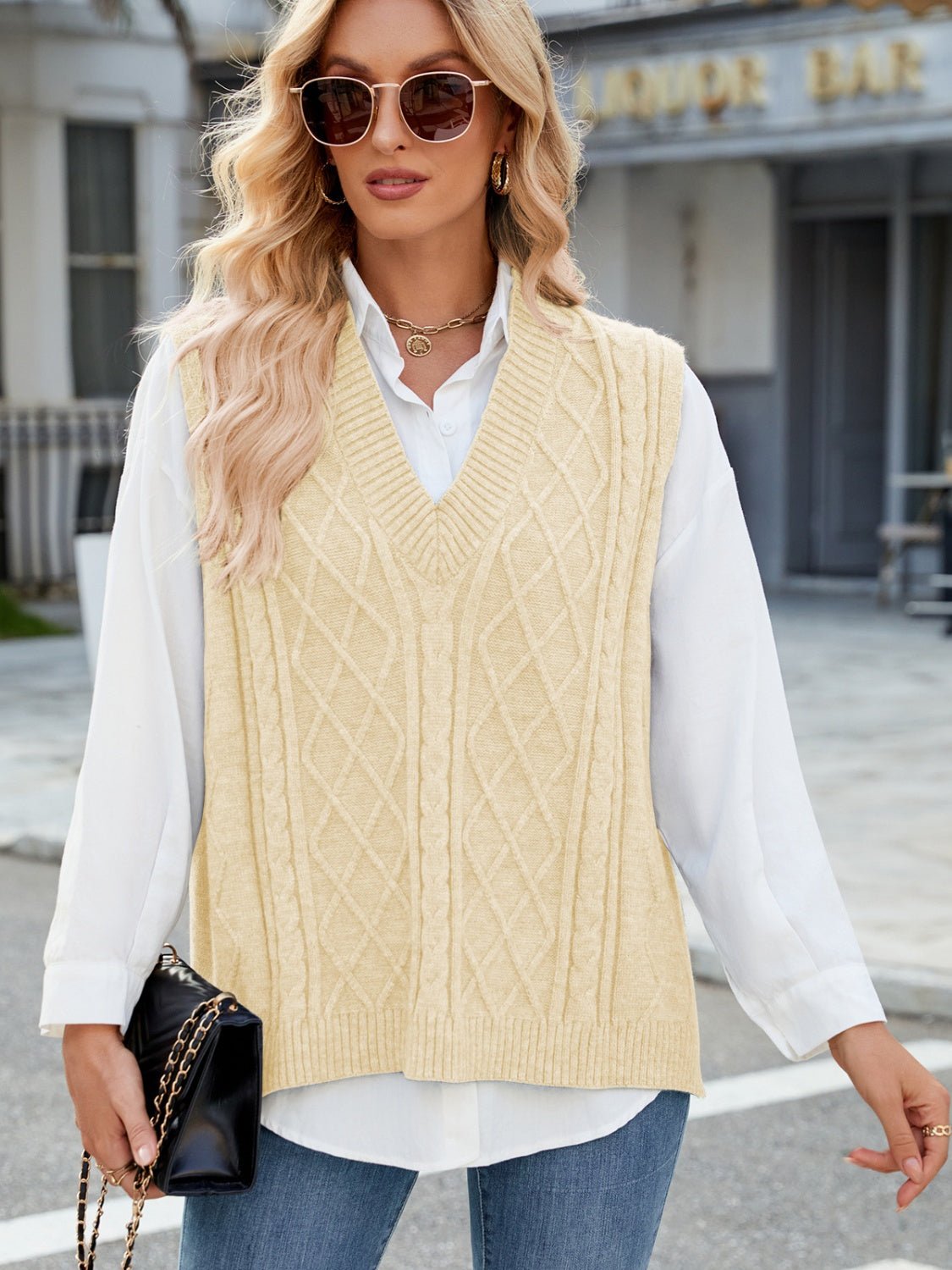 Cable Knit V - Neck Sweater Vest - Bitsy Gypsy Boutique