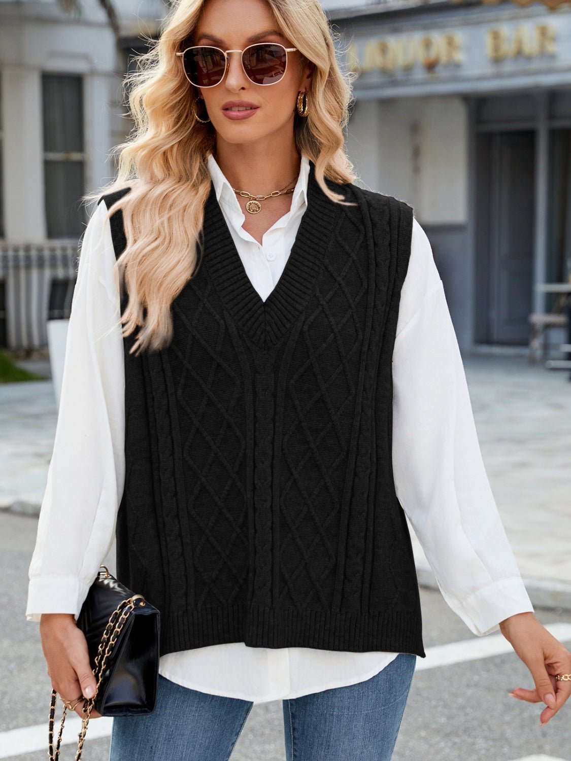 Cable Knit V - Neck Sweater Vest - Bitsy Gypsy Boutique