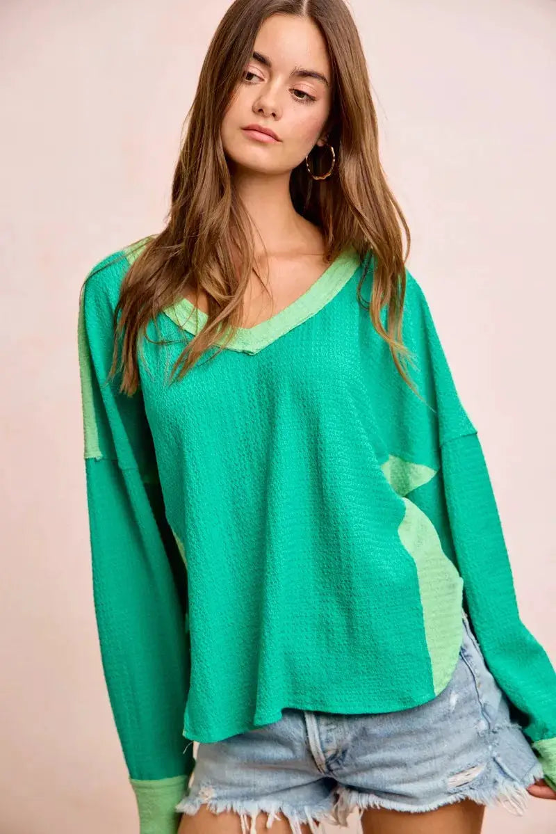 BiBi Textured Jersey Color Block Top With Cut Edge by Trendsi