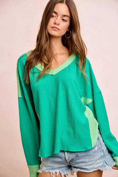 BiBi Textured Jersey Color Block Top With Cut Edge by Trendsi