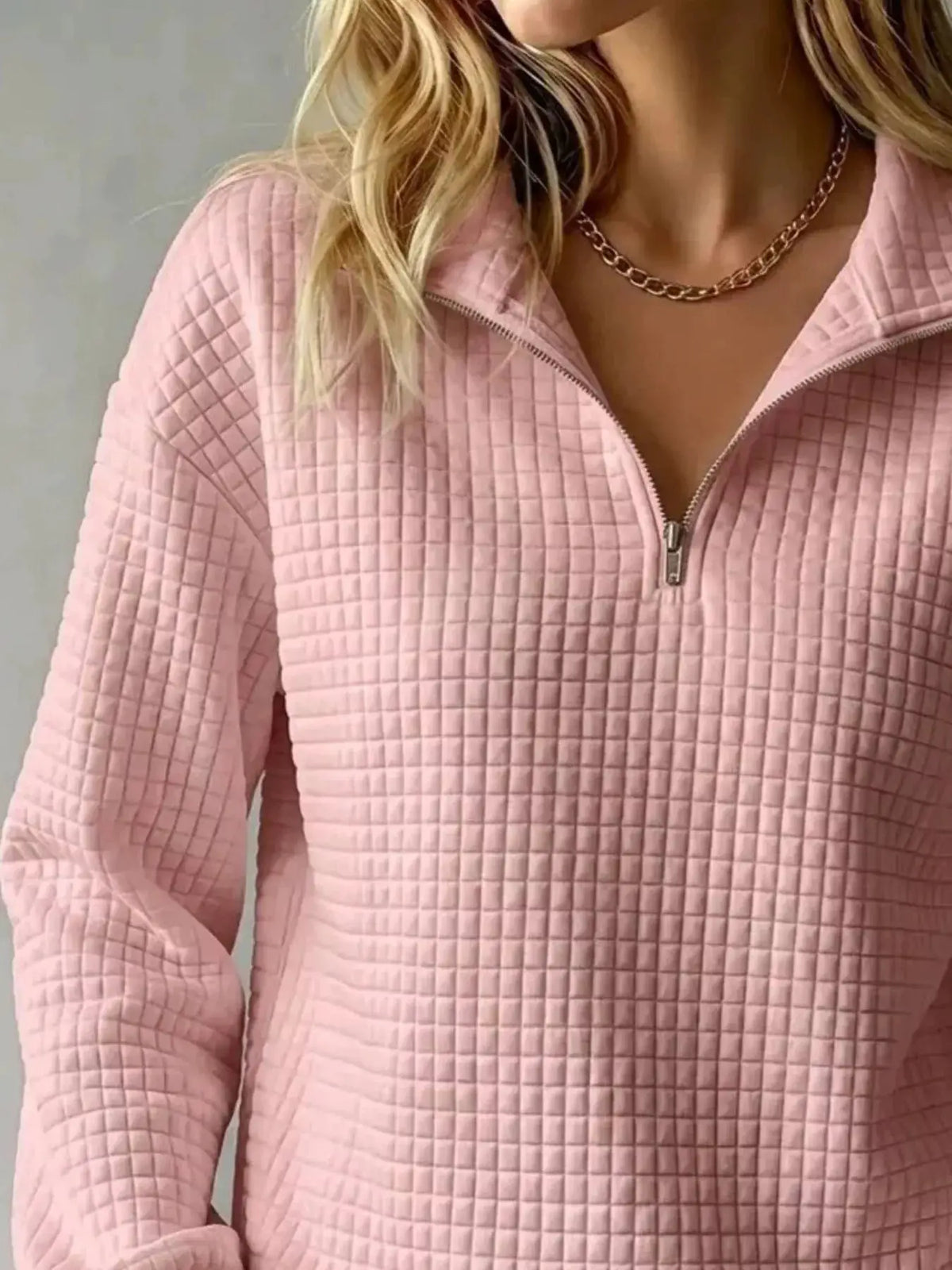 Waffle Knit Quarter-Zip Sweatshirt by Trendsi
