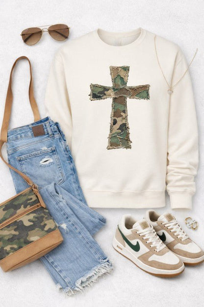 Camo Cross Crewneck Sweatshirt - Bitsy Gypsy Boutique