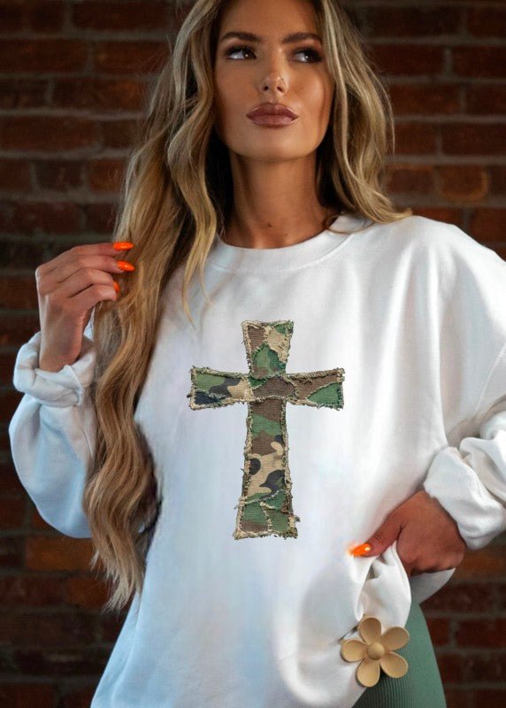Camo Cross Crewneck Sweatshirt - Bitsy Gypsy Boutique