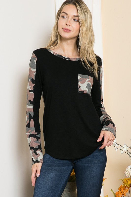 Camouflage Contrast Knit Top - Bitsy Gypsy Boutique