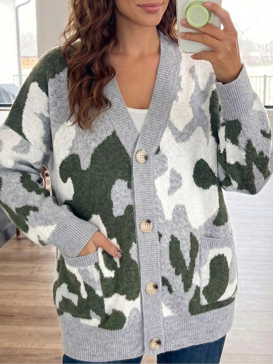 Camouflage Drop Shoulder V Neck Button Front Cardigan - Bitsy Gypsy Boutique