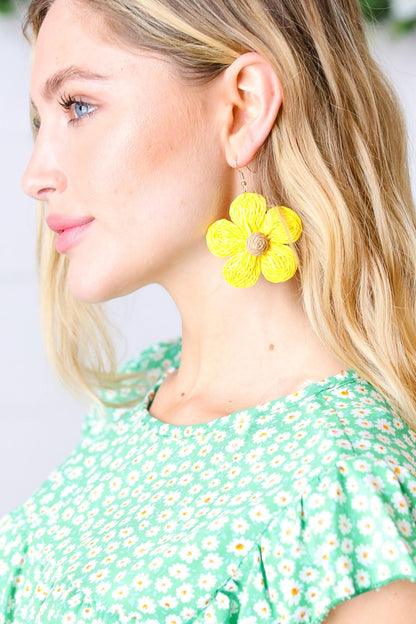 Canary Handwoven Straw Flower Dangle Earrings - Bitsy Gypsy Boutique
