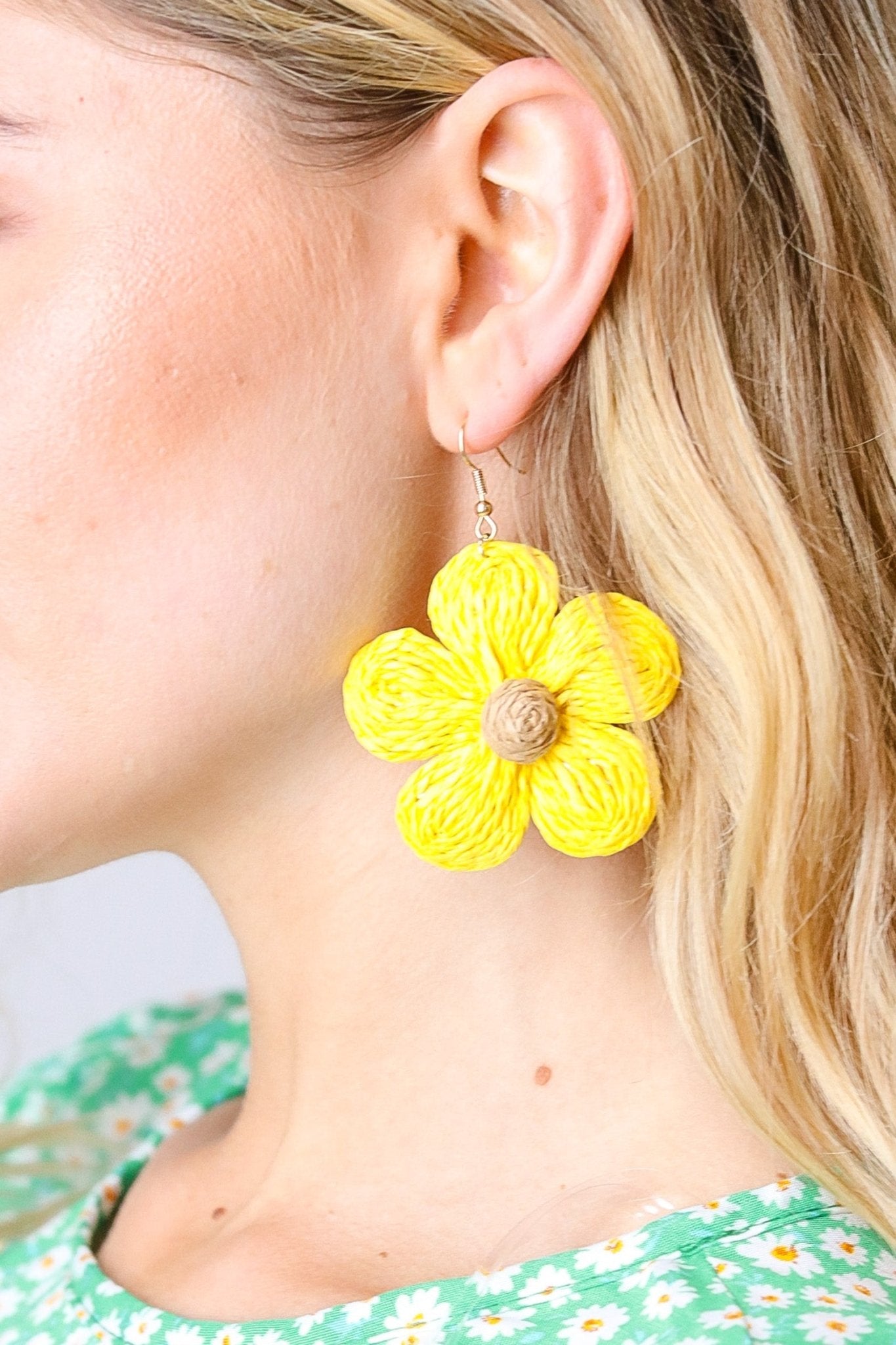 Canary Handwoven Straw Flower Dangle Earrings - Bitsy Gypsy Boutique