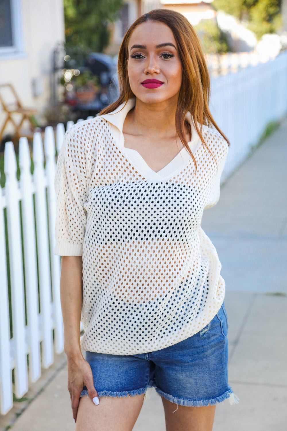 Can't Look Away Oatmeal Crochet V Neck Collared Top - Bitsy Gypsy Boutique