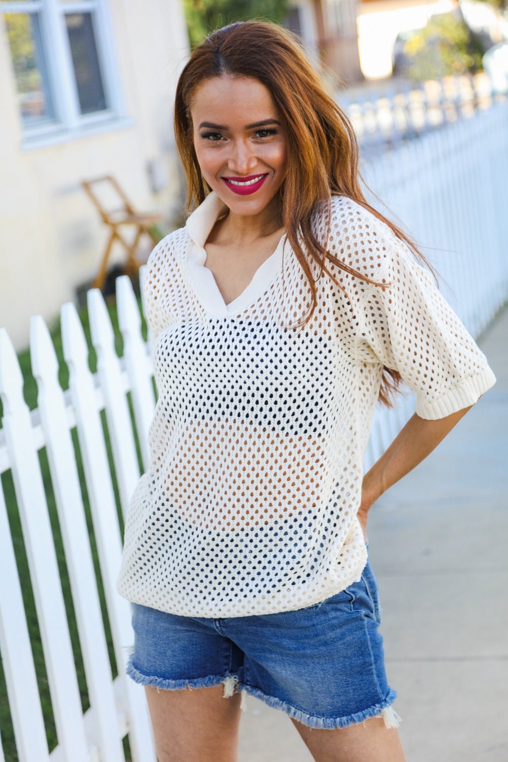 Can't Look Away Oatmeal Crochet V Neck Collared Top - Bitsy Gypsy Boutique