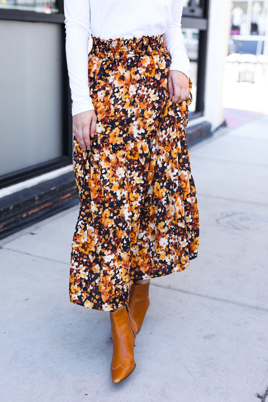 Casual Living Black Floral Tiered Smocked Waist Midi Skirt - Bitsy Gypsy Boutique