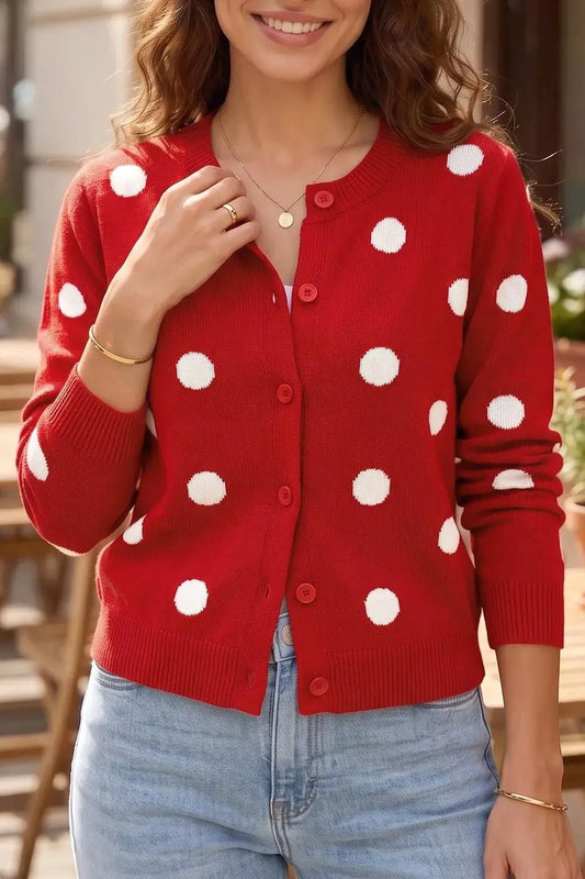 Casual Polka Dot Button Front Long Sleeve Sweater Cardigan by Trendsi