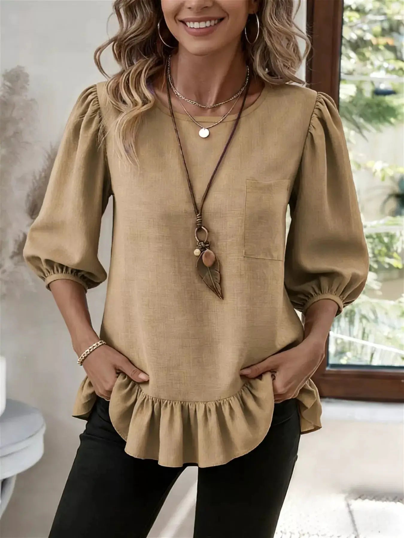Casual Puff Sleeve Ruffle Hem Blouse by Trendsi