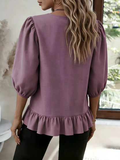 Casual Puff Sleeve Ruffle Hem Blouse by Trendsi