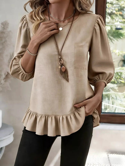Casual Puff Sleeve Ruffle Hem Blouse by Trendsi