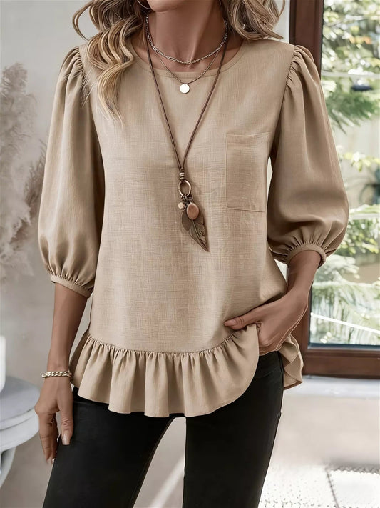 Casual Puff Sleeve Ruffle Hem Blouse - Bitsy Gypsy Boutique