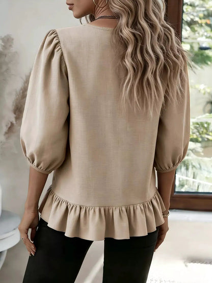 Casual Puff Sleeve Ruffle Hem Blouse by Trendsi