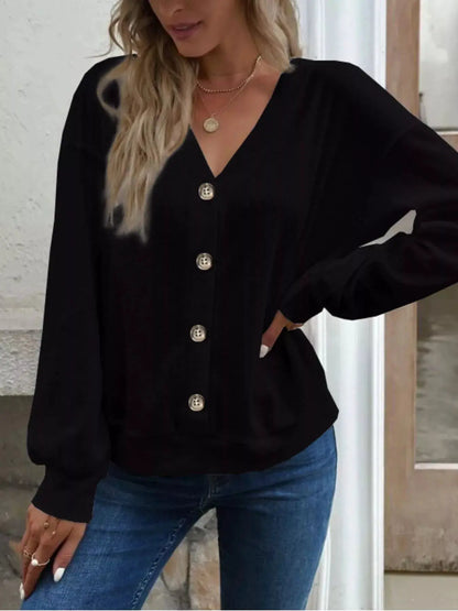 Casual V-Neck Waffle Long Sleeve Top by Trendsi