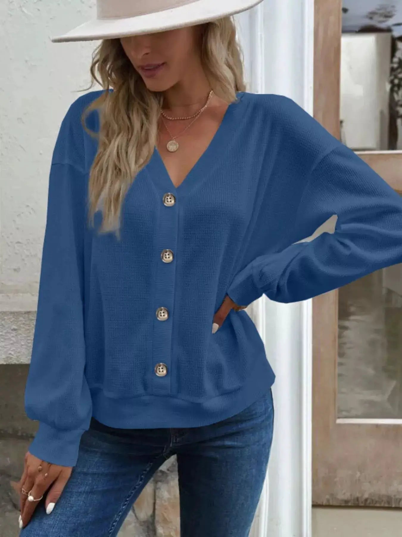 Casual V-Neck Waffle Long Sleeve Top by Trendsi