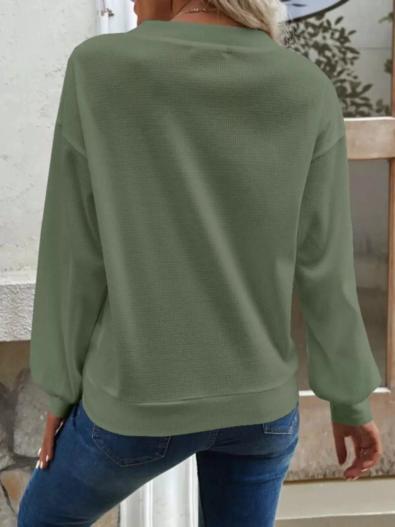 Casual V-Neck Waffle Long Sleeve Top by Trendsi