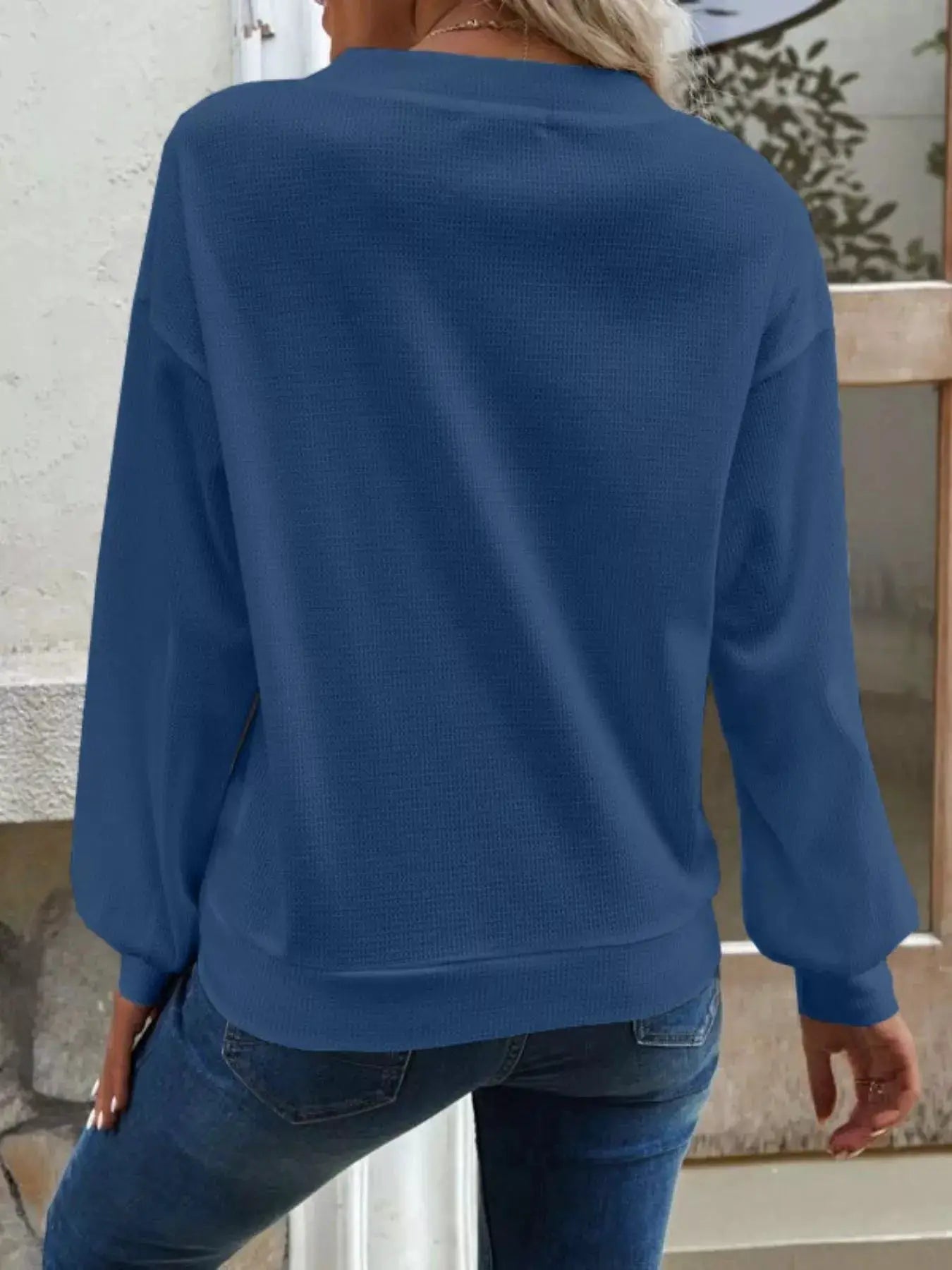 Casual V-Neck Waffle Long Sleeve Top by Trendsi