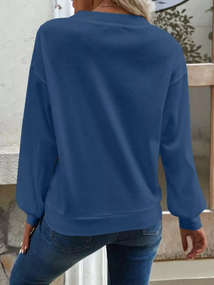 Casual V-Neck Waffle Long Sleeve Top by Trendsi