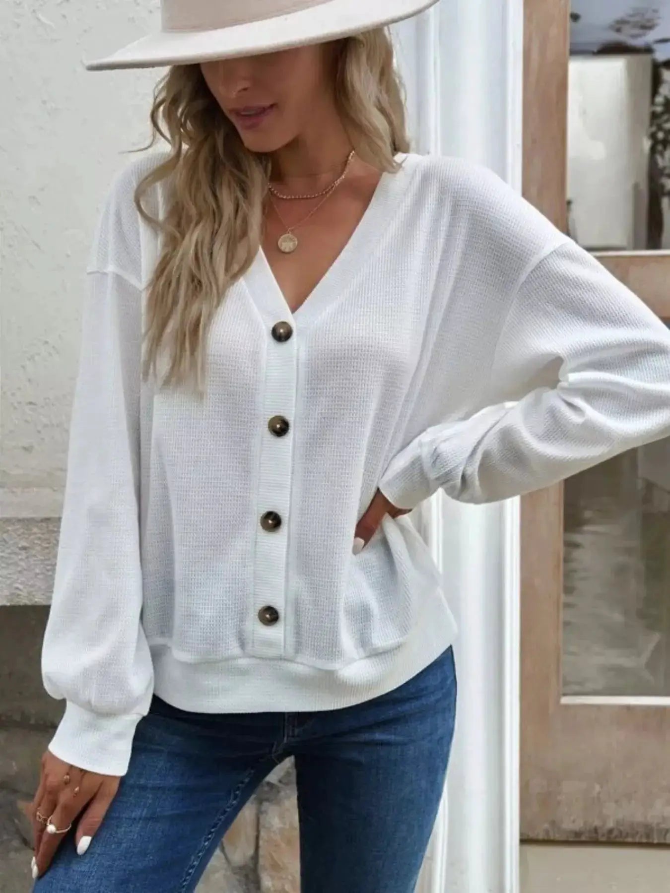 Casual V-Neck Waffle Long Sleeve Top by Trendsi