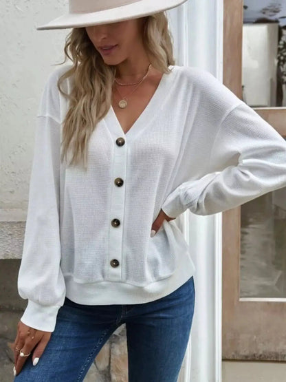 Casual V-Neck Waffle Long Sleeve Top by Trendsi